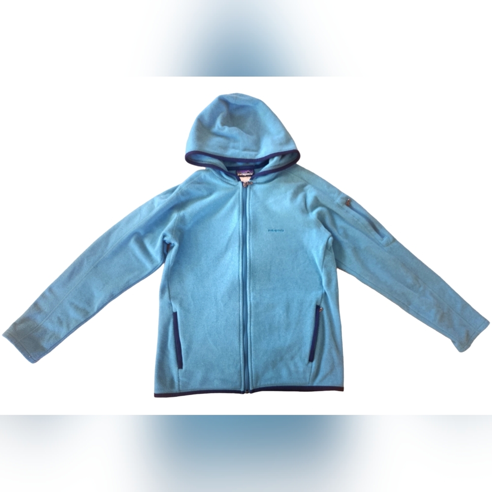 Patagonia Fleece Hooded Jacket Women's Size M Full Zip Pockets Light Blue